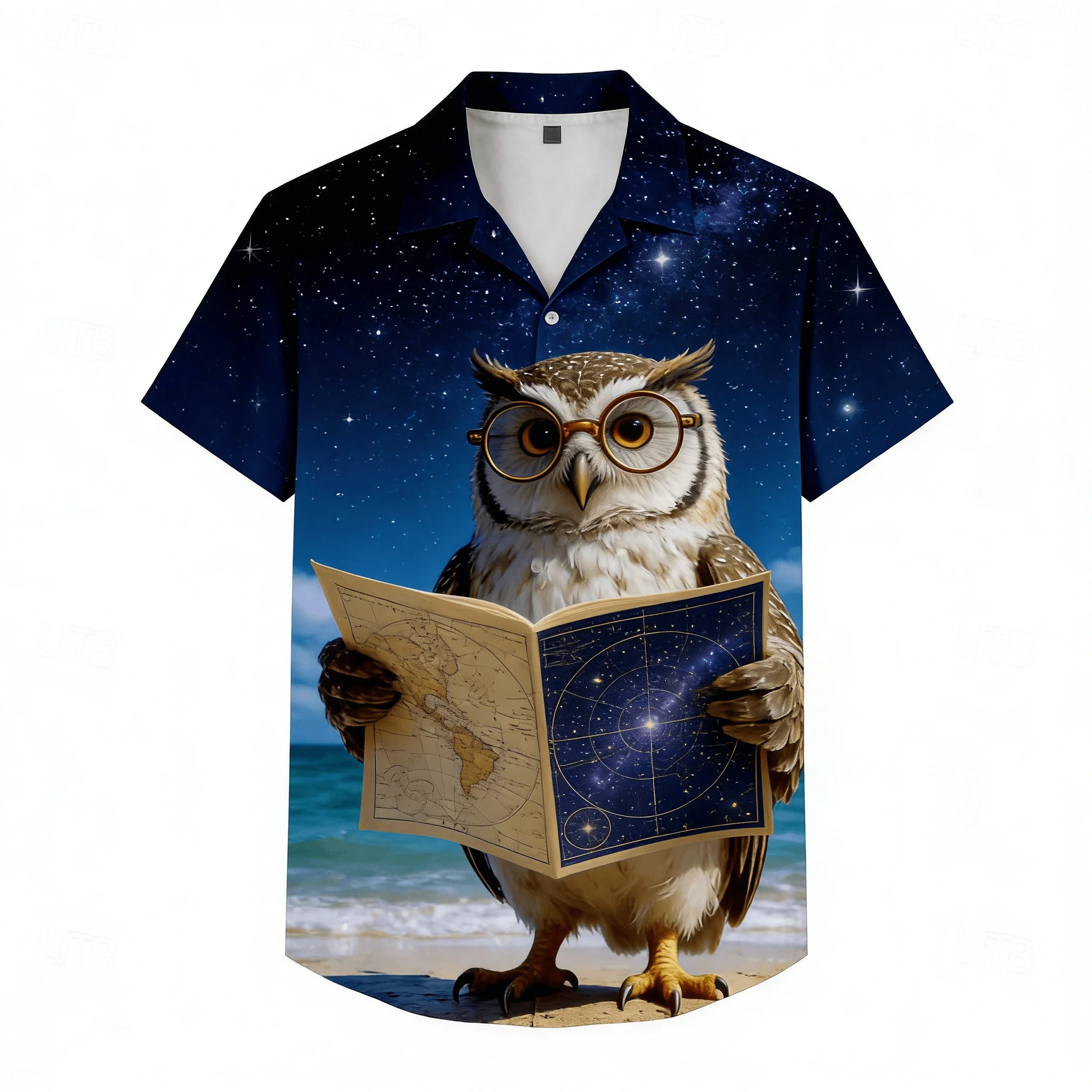 

Men's Wise Owl with Star Map Print Short Sleeve Shirt, Galaxy Night Sky Design Button Down for Spring Summer Casual