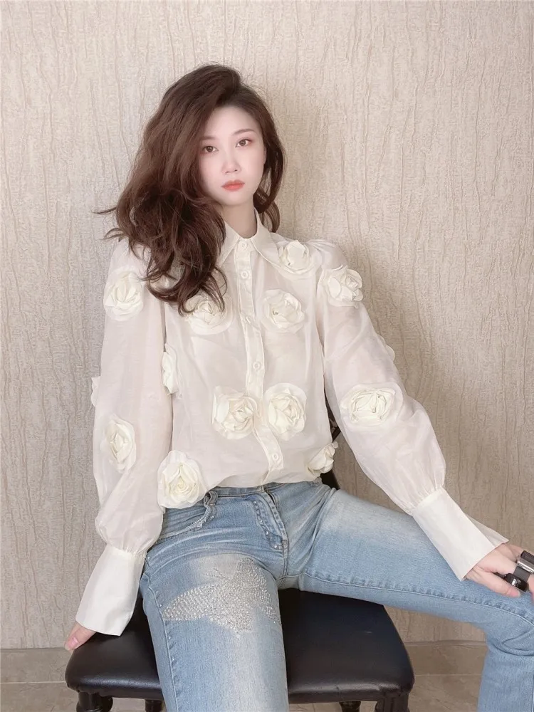 Spring New Women 3D Flowers High Quality Silk Cotton Shirt Long Sleeve Office Ladies Work Shirts Tops Vintage Designer Blouses