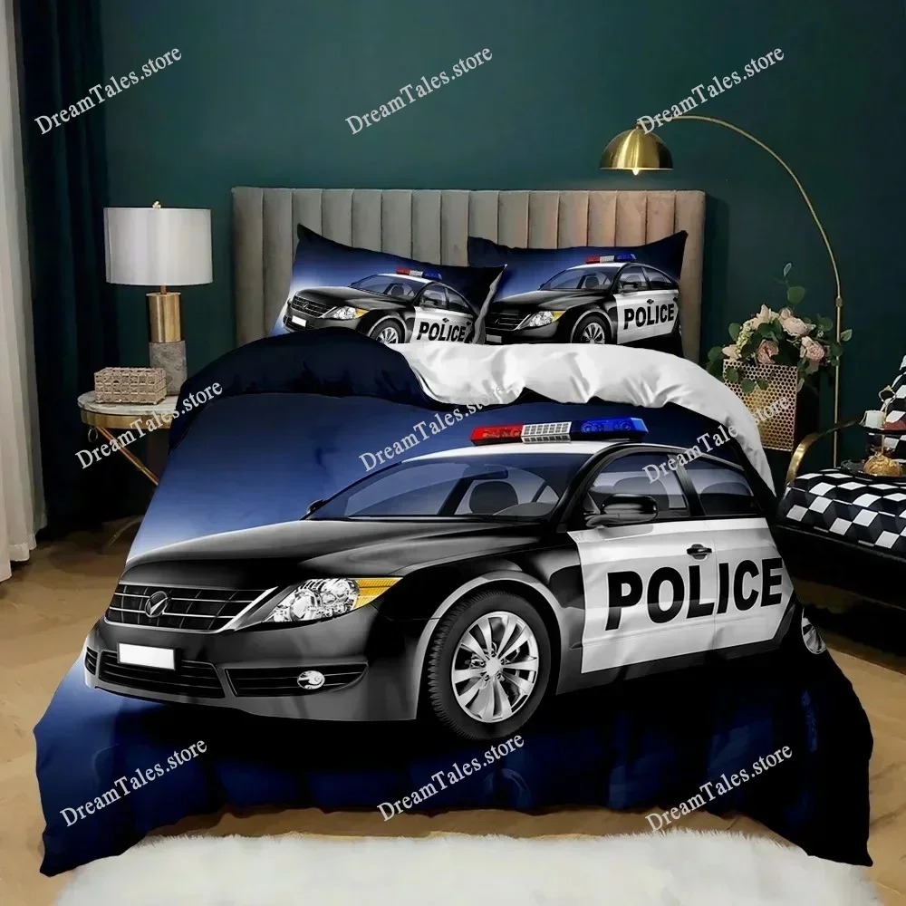 Police Duvet Cover Car Black Policeman Car Twin Bedding Set Cartoon Vehicle Comforter Cover Red Cop Lights Polyester Quilt Cover 2