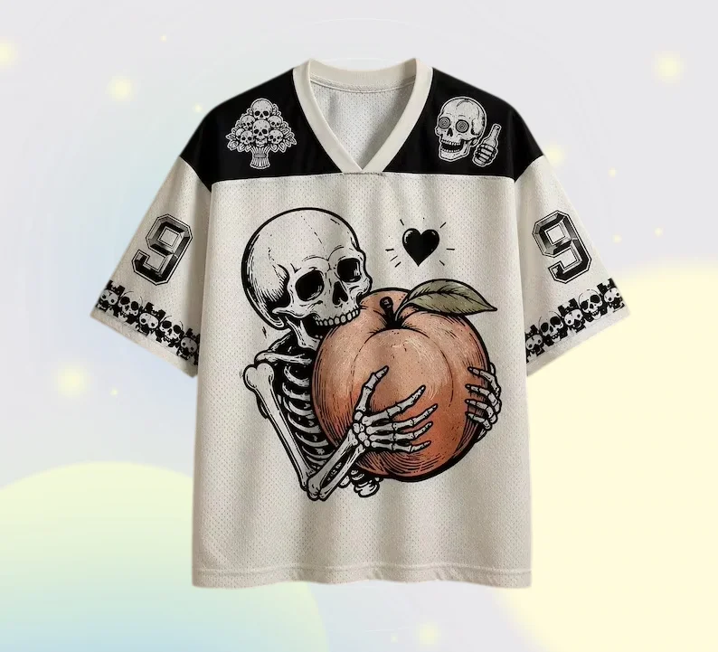 Vintage Skeleton Peach Family Matching Clothes Gothic Graphic V-Neck Jersey T Shirts Unisex Harajuku Streetwear Hip Hop Tops