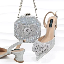 Newest Silver Color Fashion Flower Design Party Wedding Pointed Toe Women Shoes and Bag Set Decorated With Rhinestone