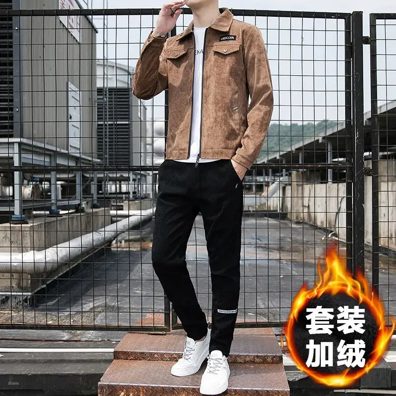 Corduroy Autumn and Winter Clothes Men's Suit Men's Casual Outdoor Jacket Korean Version Slim Young Men's Two-piece Set