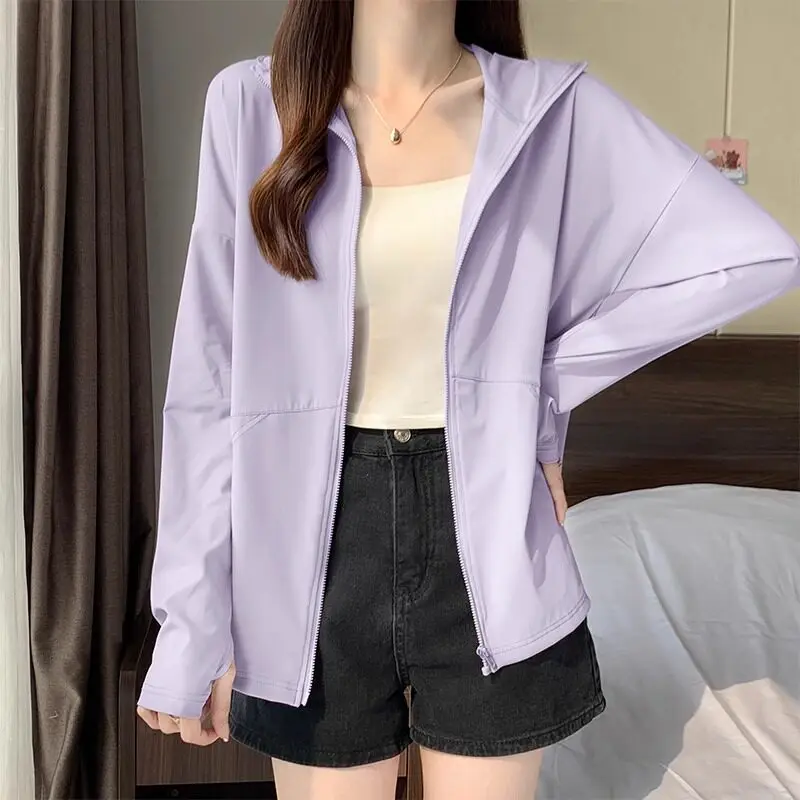 Summer Ice Silk Light Weight Cool Feeling Women's Outerwear Anti-Uv Hat Cardigan Style Breathable Long Sleeve Zipper Closure