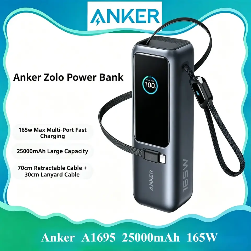 أنكر A1695 زولو بنك طاقة 165 واط 25000 مللي أمبير كابل USB-C قابل للسحب مدمج شاحن سريع محمول بشاشة رقمية للابتوب والهاتف