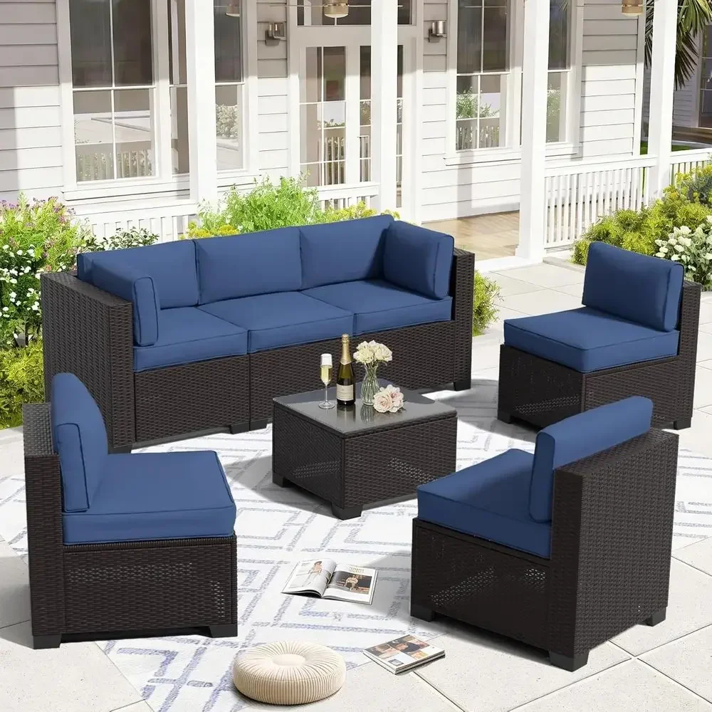 

7-Piece Outdoor Wicker Sectional Set with Navy Blue Cushions and Tempered Glass Table