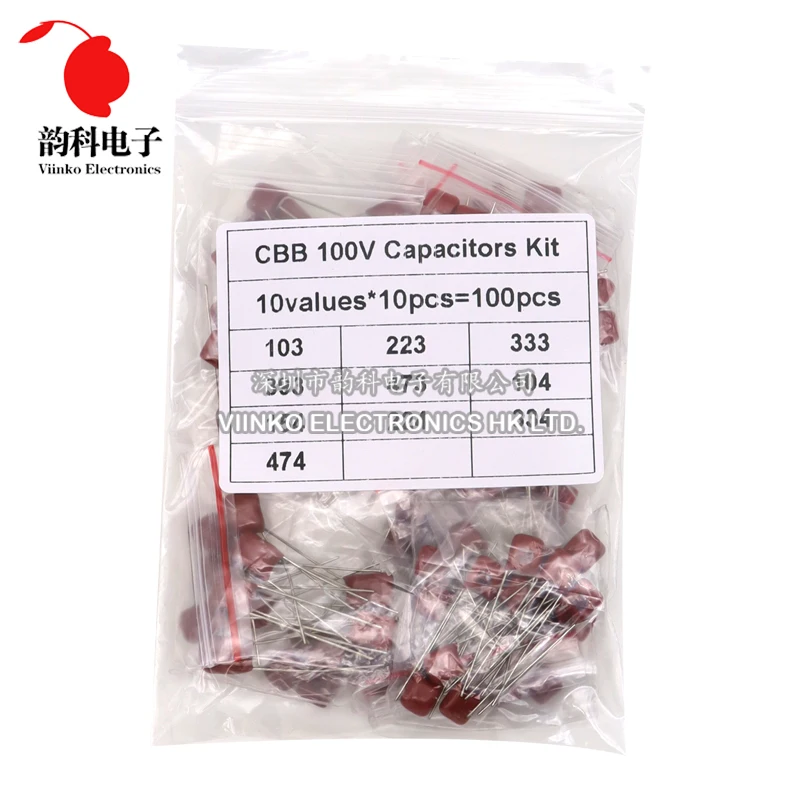 Zestaw kondensatorów CBB 100V 10nF - 470nF 100PCS=10wartości*10szt Zestaw kondensatorów z metalizowanej folii poliestrowej DIY