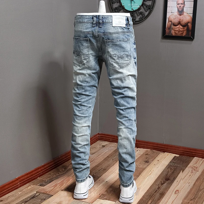 Italian Style Fashion Men Jeans Retro Light Blue Elastic Slim Fit Ripped Jeans Men Vintage Designer Casual Denim Pants Hombre