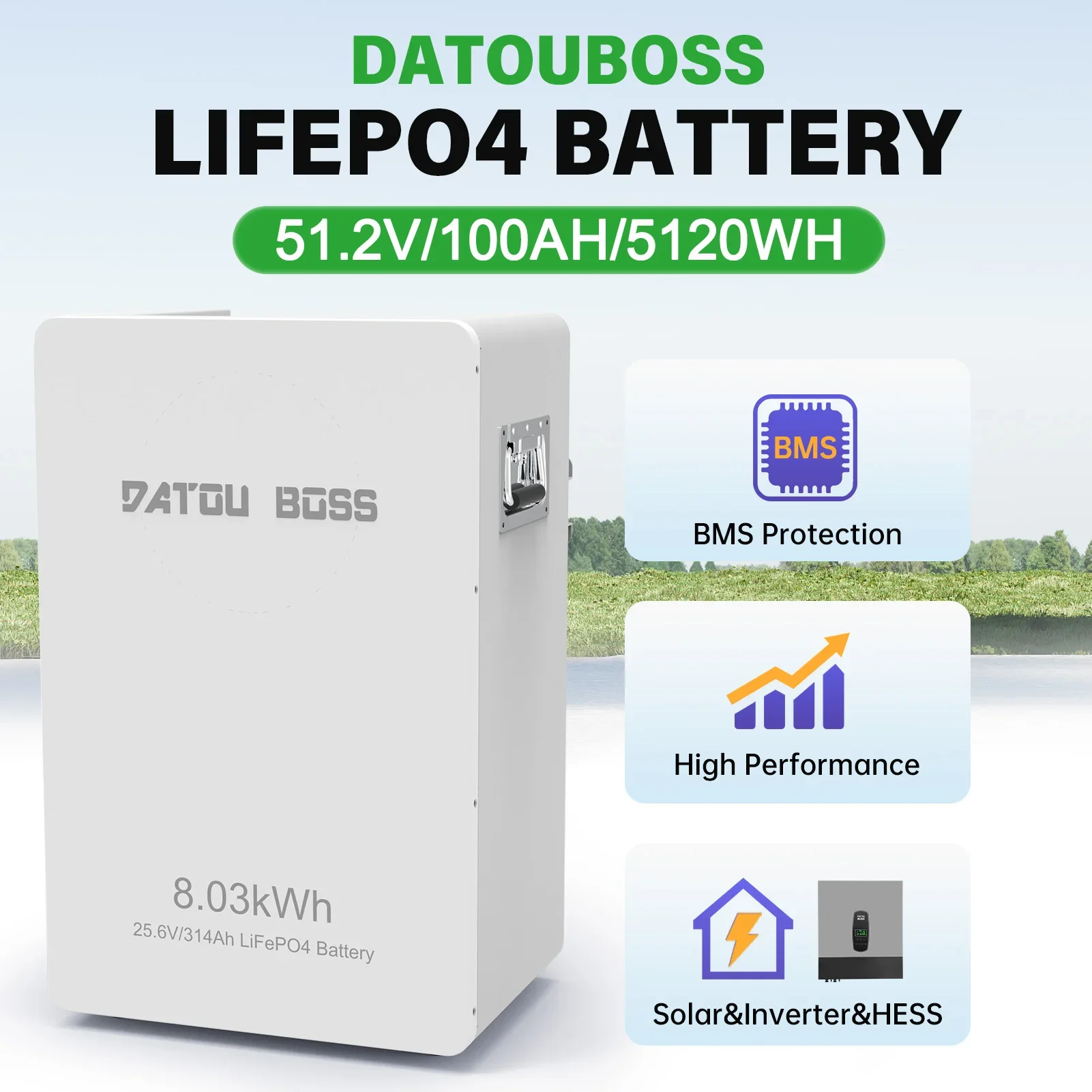 Batteria LiFePO4 DatouBoss 24V 314Ah 8kWh con BMS per Accumulo di Energia Solare, Sistemi Off-Grid, Inverter Ibridi, Powerwall, Sistema di Alimentazione di Backup Domestica