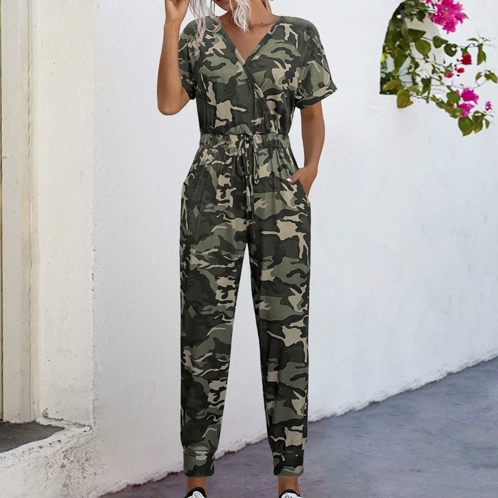 Women'S Fitting Jumpsuits Casual Short Sleeve Intersection V-Neck Drawstring Elastic Waist Cropped Pants Jumpsuits