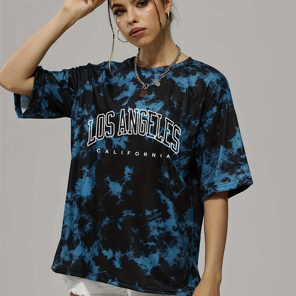 Summer Women's T Fashion T-shirt Tie Dyed Letter Top Round Neck Loose Short Sleeve Comfortable Clothing Women's Party T-shirt