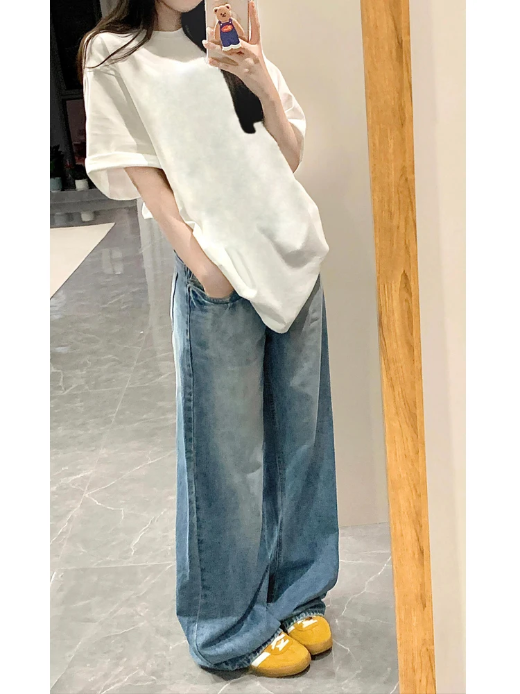 Women'S Palazzo Jeans Washed Worn Destroyed Torn Frayed Hem Grunge Alternative Punk Rock Subculture Cut Detailed Patchwork