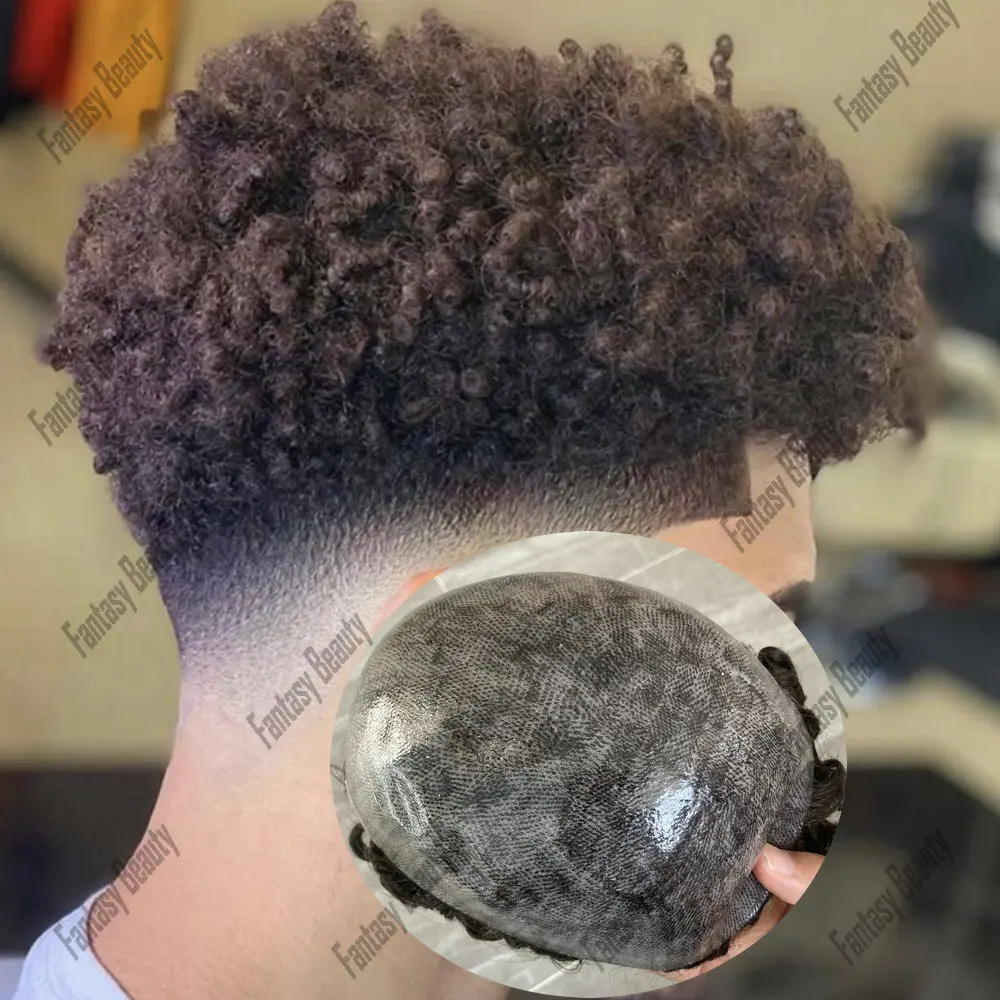 

Mens Capillary Prothesis Human Hair Injection Thin Skin Pu Base Natural Hairline 8mm Afro Kinky Curly Toupee for Men System Hair