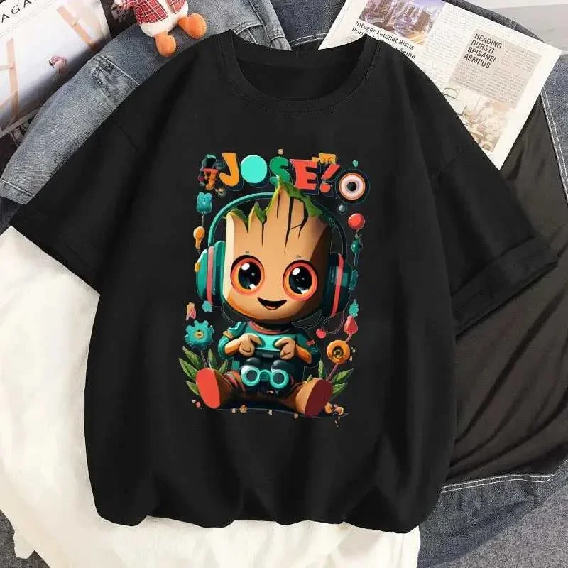 Camiseta con estampado con dibujo de Marvel Baby Groot para mujer, camiseta informal de calle a la moda, camiseta con cuello redondo de dibujos animados de verano para mujer
