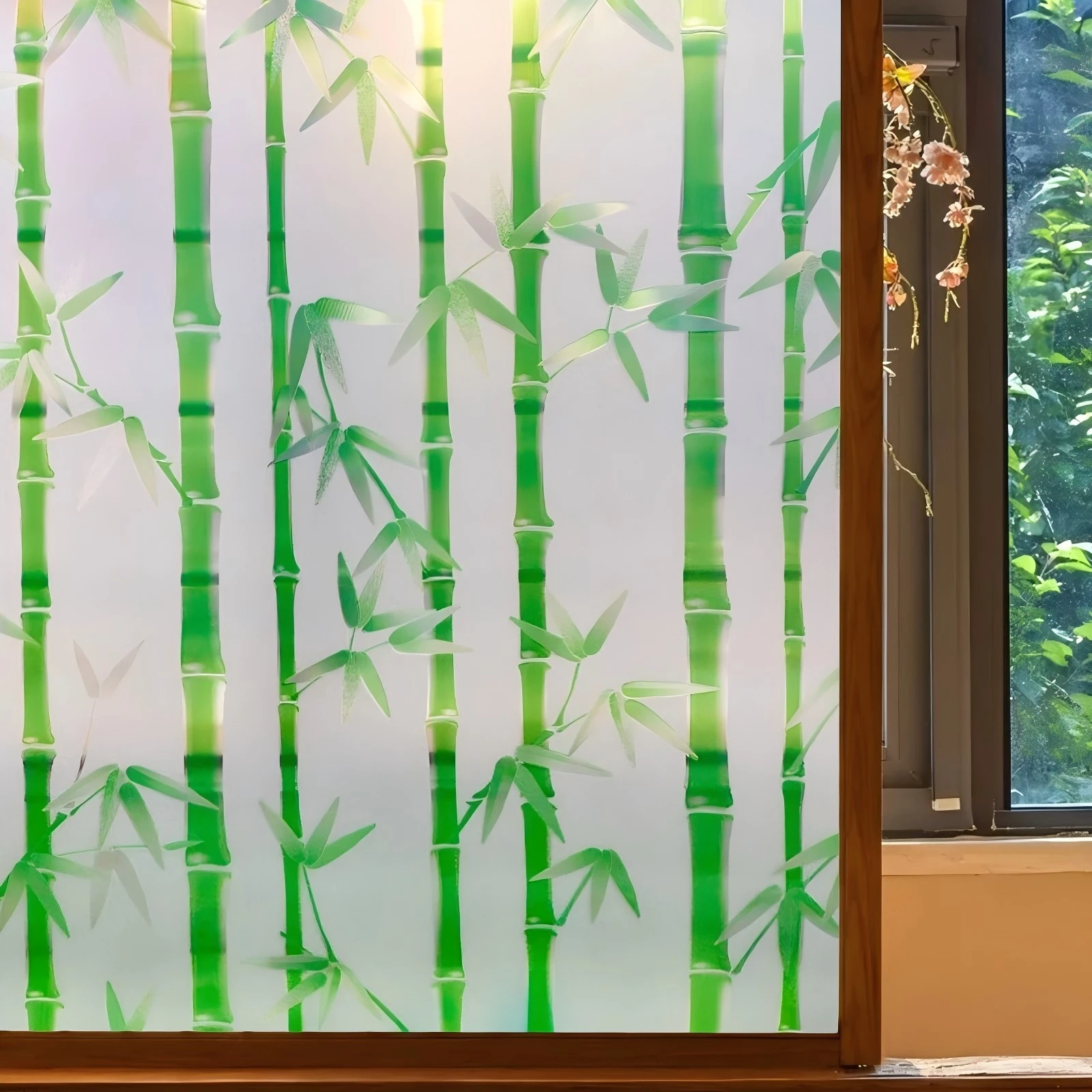 Green Bamboo Window Privacy Film  No Glue Anti UV Opaque Removable Decorative Frosted Glass Film for Room Décor,Bathroom,Kitchen