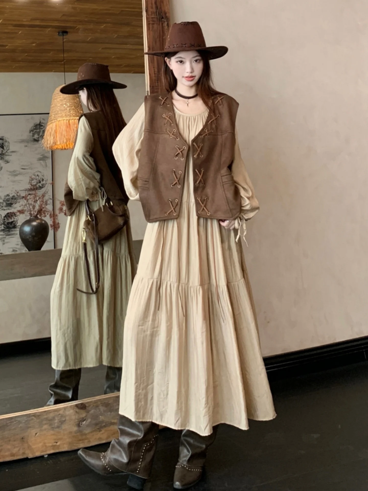 

Cool Style Women's Vest Top And Long Dress Two-Piece Set plus Size Conceal Meat High Waist Drawstring Design Spring Fashion