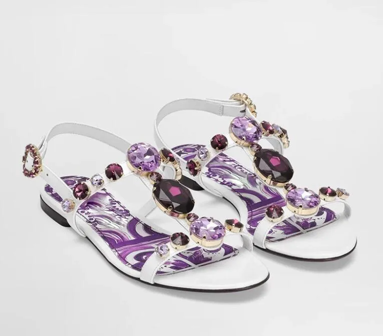 Purple Yellow Diamond Rhinestone T- Strap Porcelain Flower Printing Flat Sandals Crystal Buckle Peep Toe Bohemia Sandalias