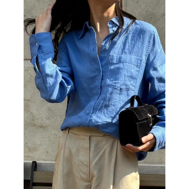 High-End Fashionable Klein Blue Natural Linen Women's Shirt Comfortable Korean Style Casual Top Loose Fit Long Sleeve