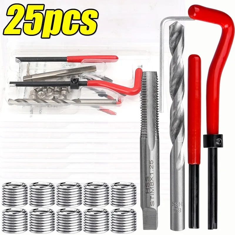 25PCS Kit di inserti per riparazione filettatura metrica Strumento di installazione per riparazione filettatura in acciaio inossidabile per riparazioni auto Set di utensili manuali compatibili