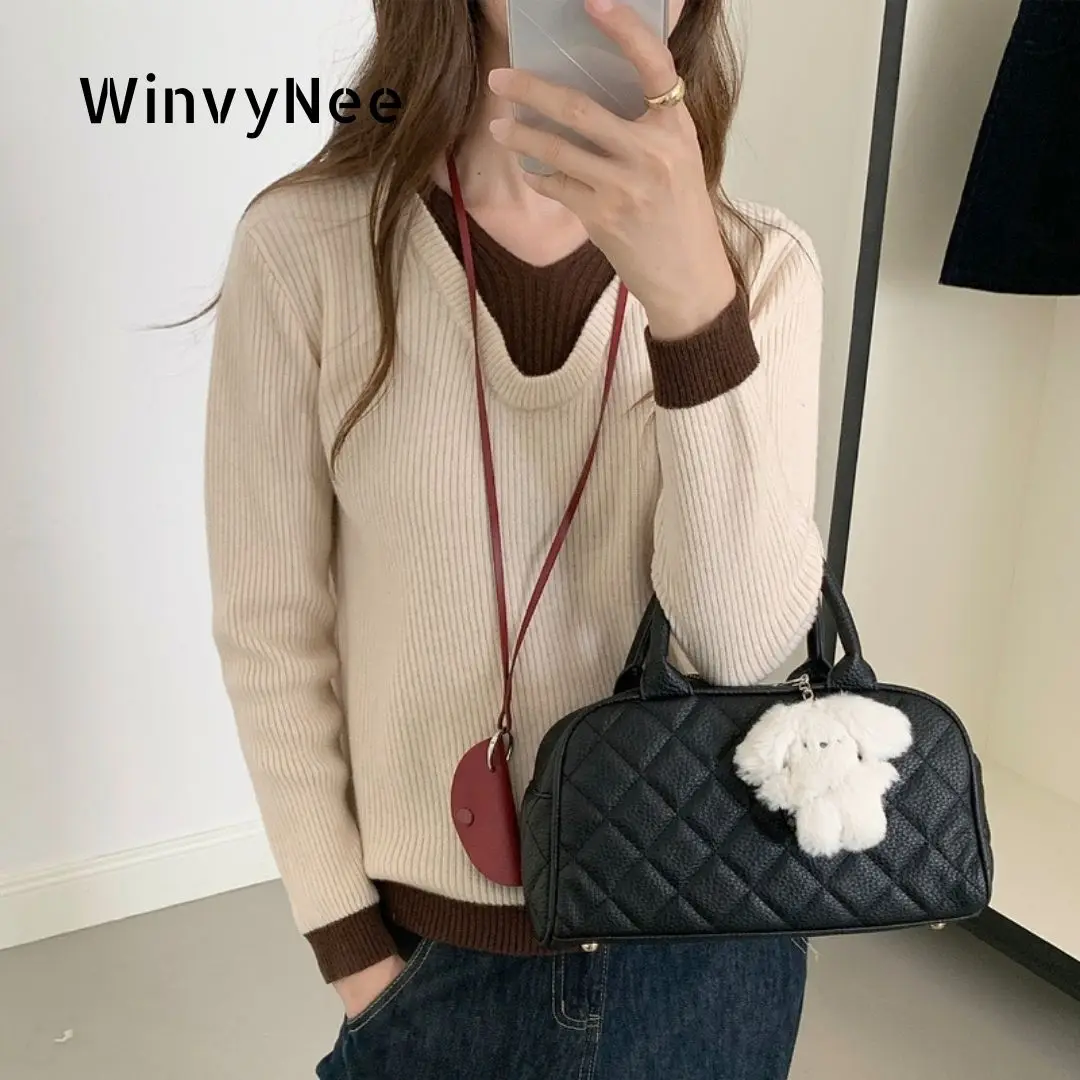 

WinvyNee Winter Women's Clothing Wool Sweaters V Neck Fake Two Pieces Casual Long Sleeve Jumper Knitted Tops Pullover A1523059