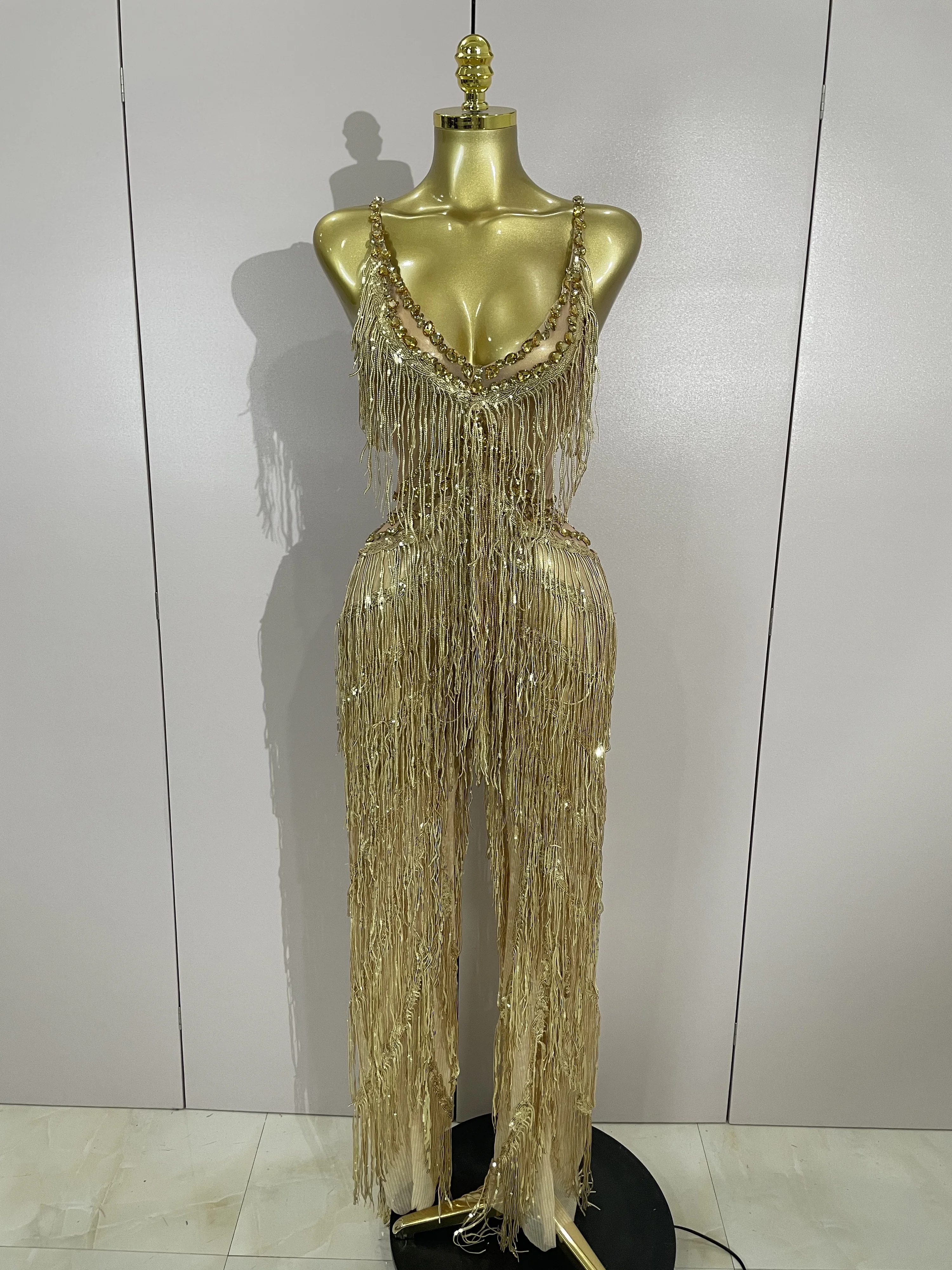 Sparkly Zwarte Strass Lovertjes Fringe jumpsuit Vrouwen Sexy Nachtclub Party Verjaardag Outfit Show Zanger Stage Perform Kostuum
