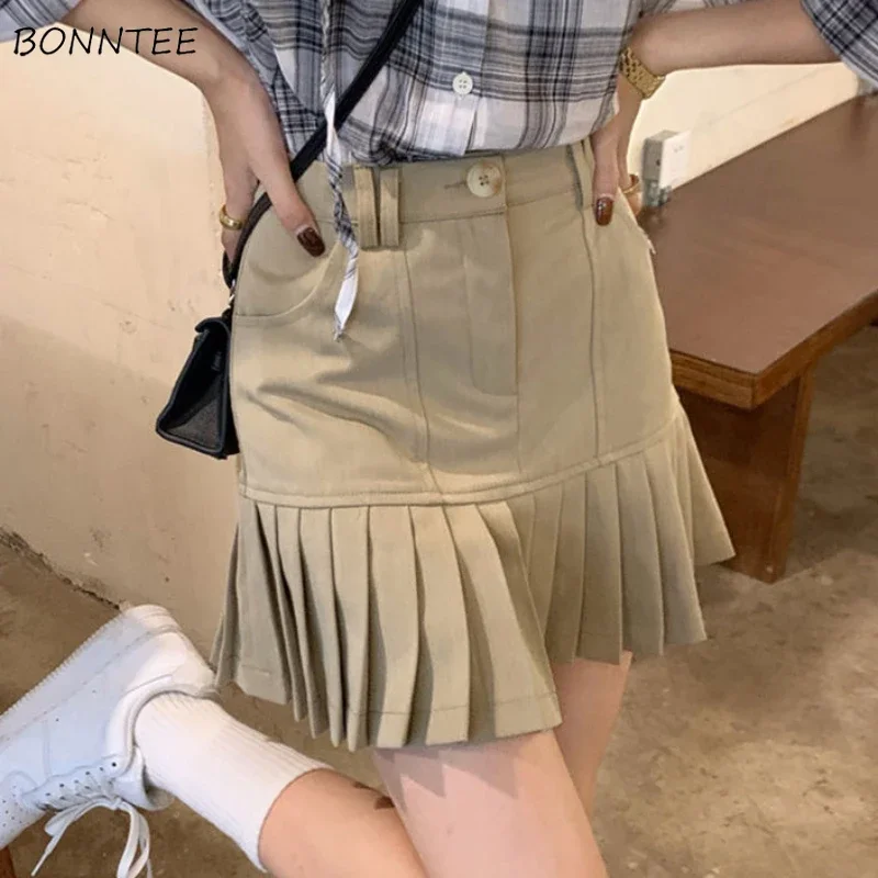 

Mini Skirts Women Simple Design Solid Students Clothing Summer All-match Young Pleated High Waist Streetwear New Fashion Soft