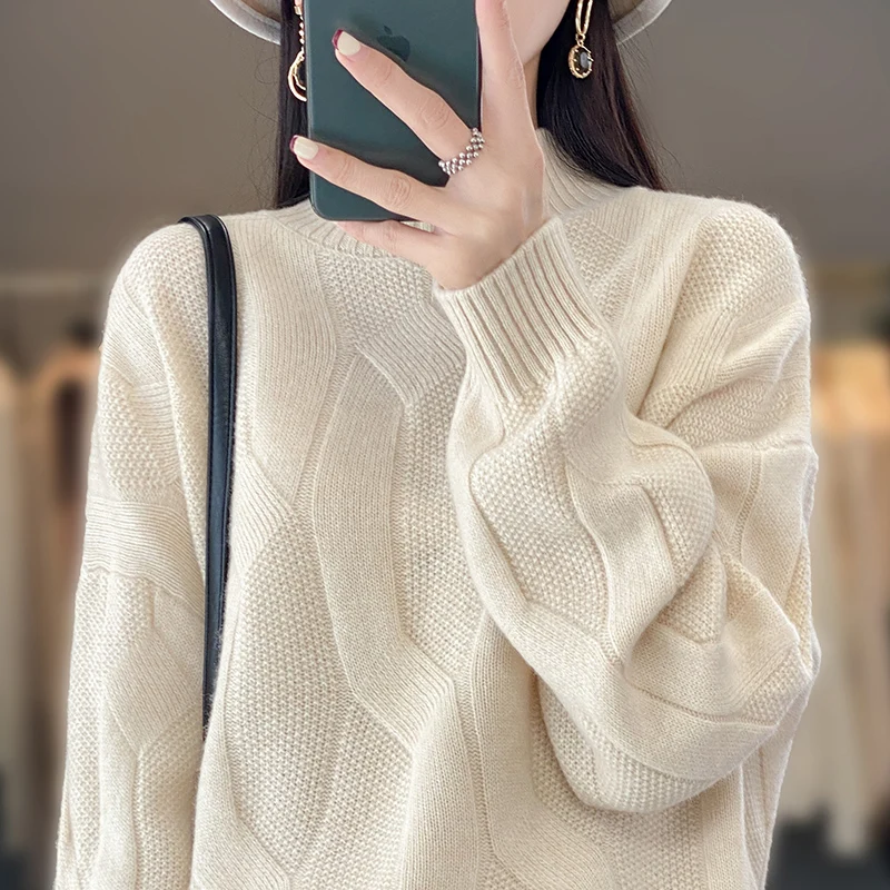 Korean Thickened Semi-turtleneck Sweater For Women 100% Merino Wool Long-sleeved Knit Top Autumn Winter Fashion Twist Sweater