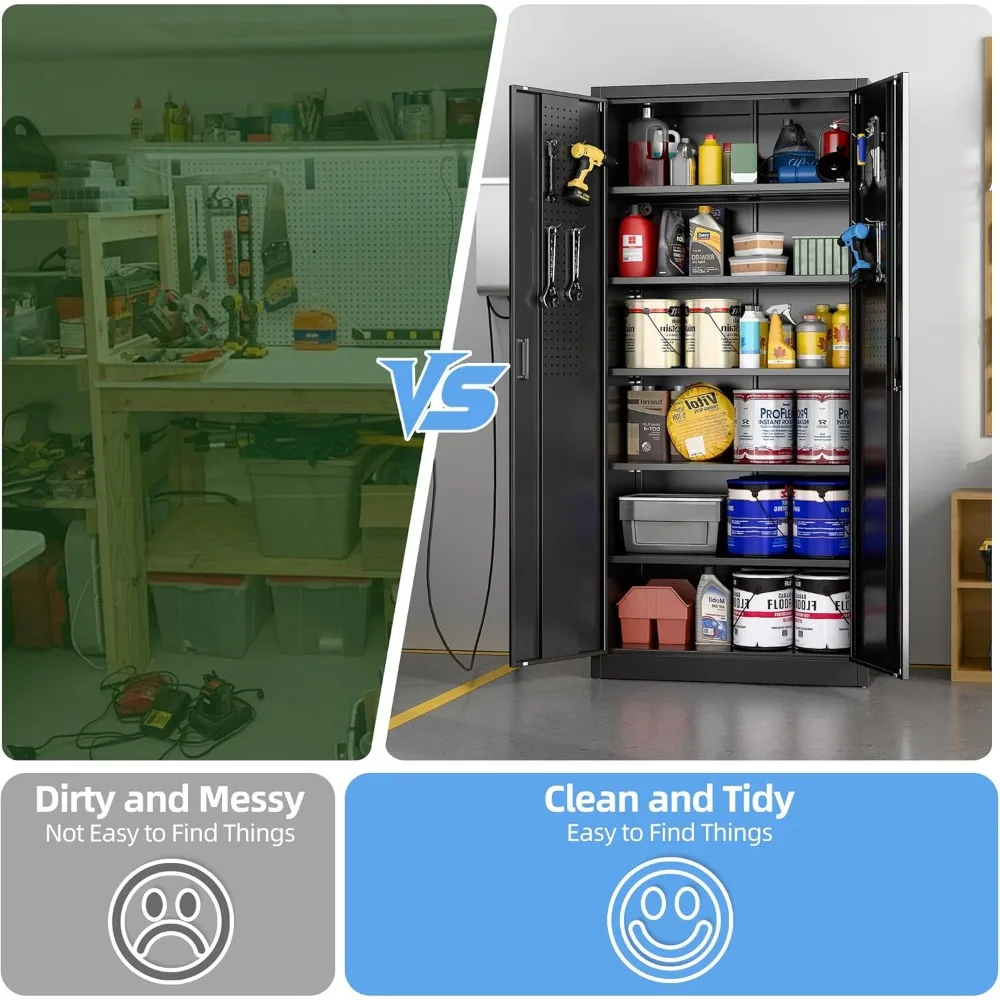 خزانة جراج معدنية مقاس 71 بوصة مع ألواح وخطافات، وخزانة تخزين الأدوات مع بابين و5 أرفف قابلة للتعديل للمكتب والمنزل،