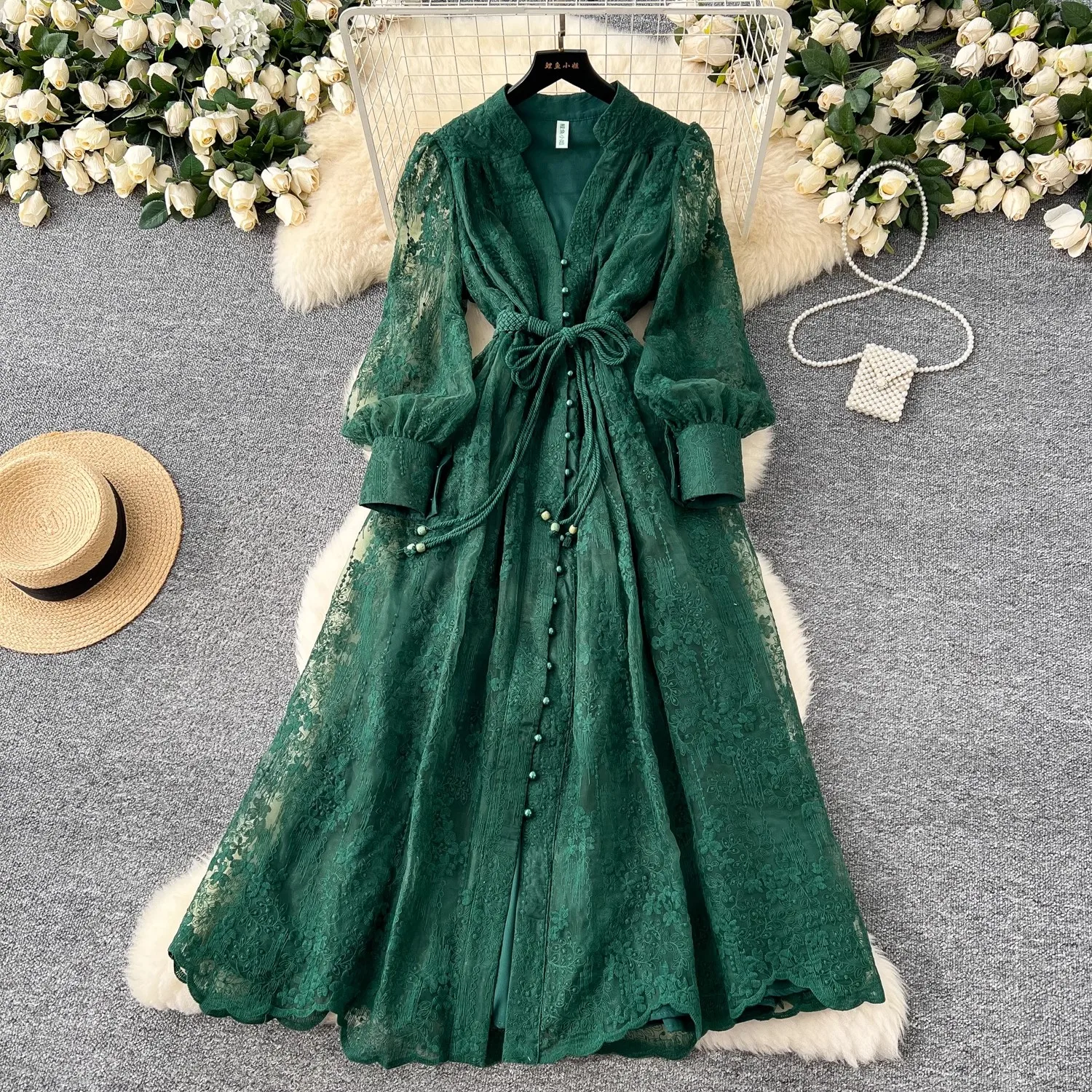 French Women Elegant Luxury Lace Evening Party Dress Female Lantern Sleeve Single Breasted Flower Embroidery Sashes Prom Vestido