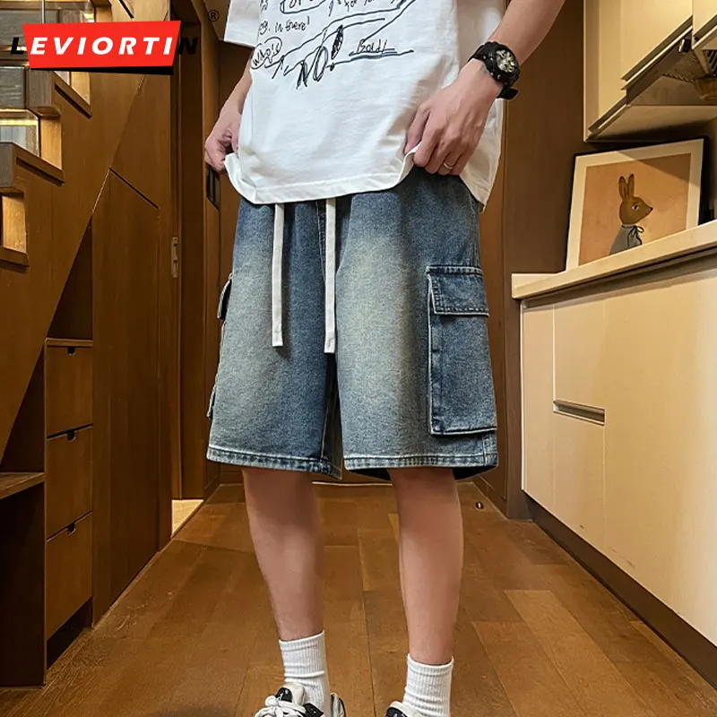 Men's Summer New Style Loose Straight Work Denim Shorts, Basic Versatile Multi-color, Elasticated Washed Mid-length Shorts