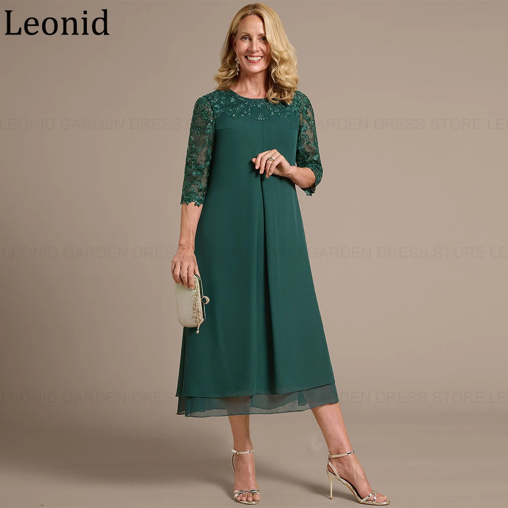 

LEONID Elegant Green Mother of the Bride/Groom Dress 2024 A-line Scoop Tea-Length Lace Chiffon Wedding Guest Party Dress Sequins