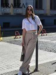 TRAFZA Women Casual Splicing Long Pant Fashion Solid Drawstring Loose Trousers Female New Elegant High Waist Straight Leg Pants