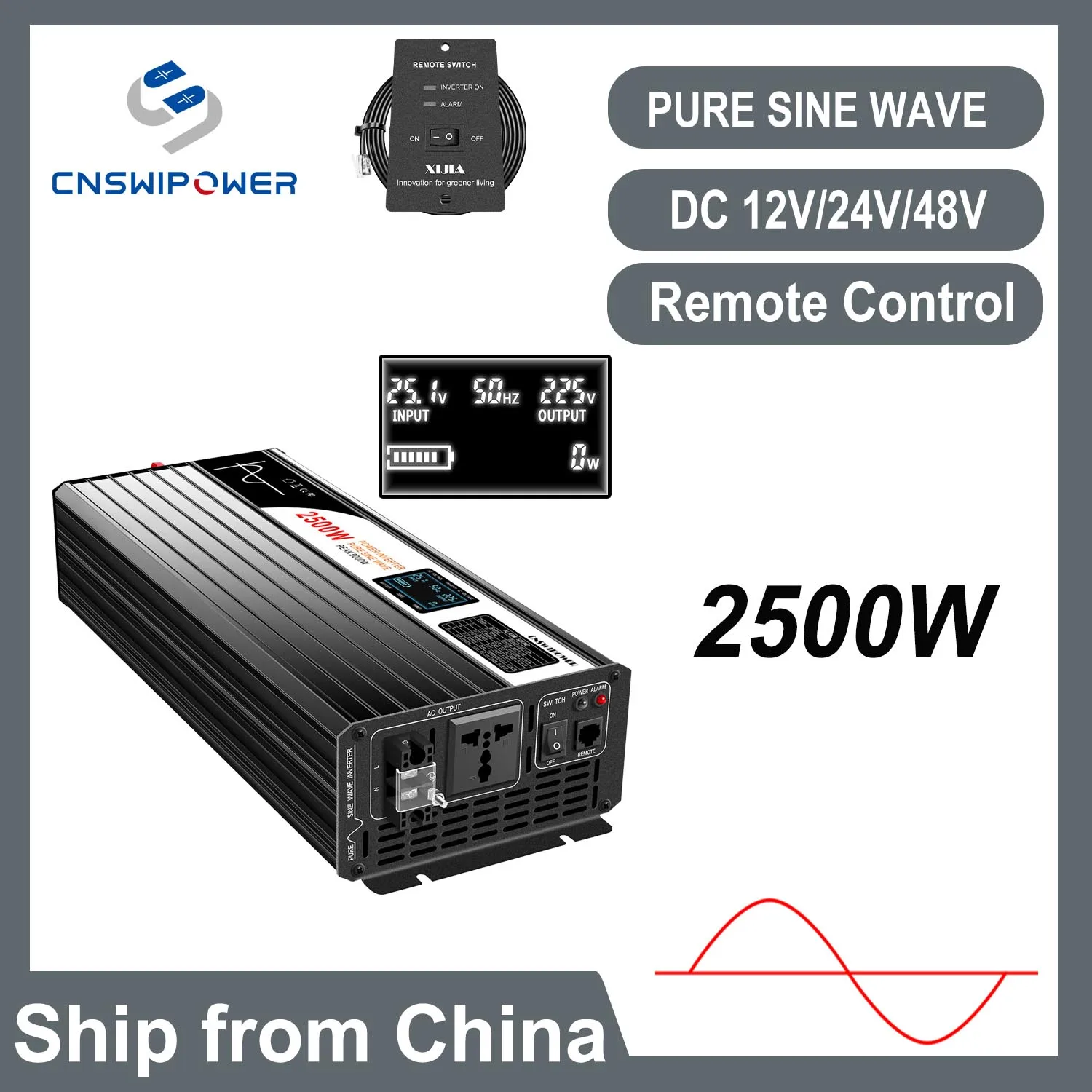 pure sine wave inverter 12V to 220V 2500Watt 24V 48V 110V DC to AC voltage converter mini-car power supply