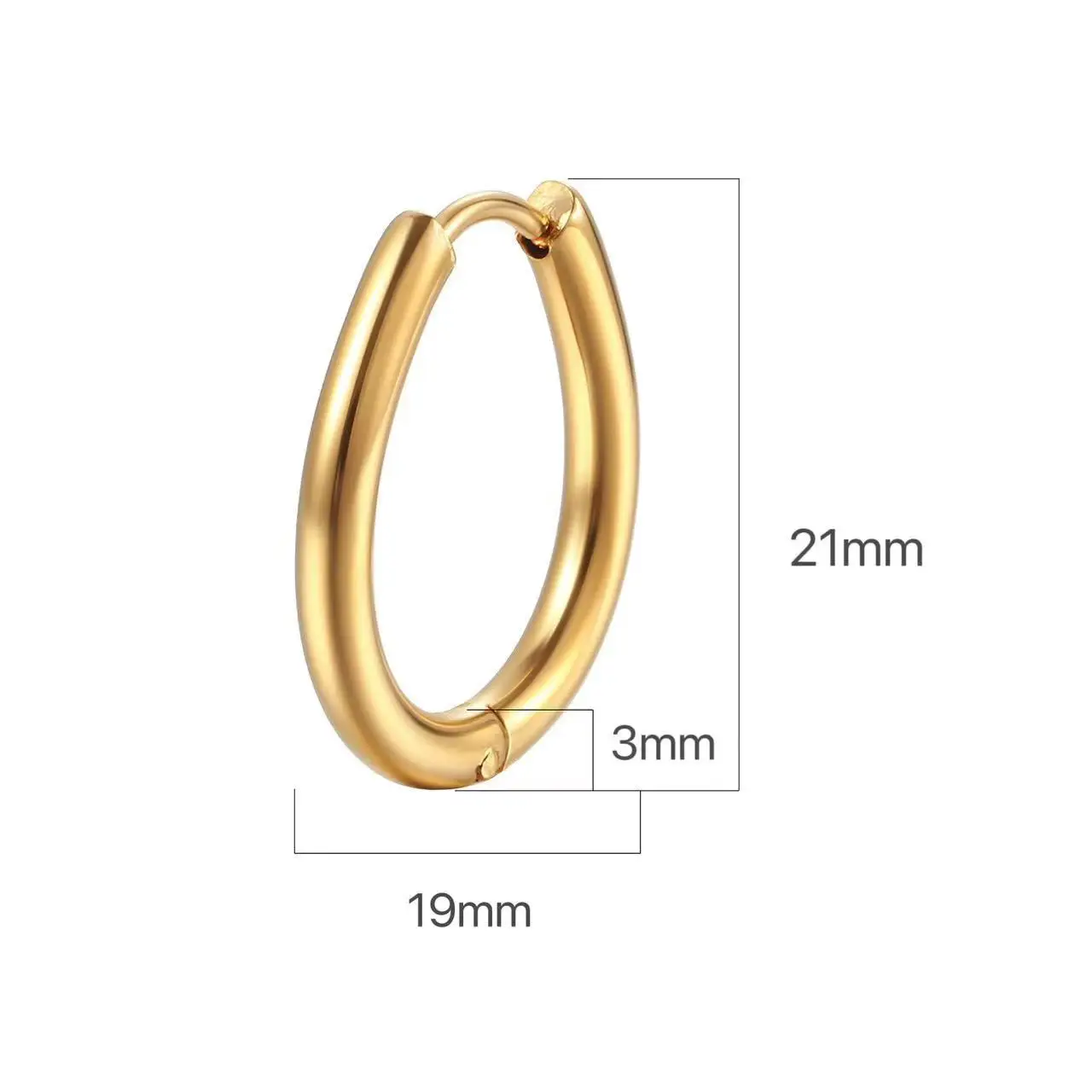 1Pair 3mm Ellipse Gold-color IP Plating 316 Stainless Steel Hoop Earrings No Fade Allergy Free Classical Brief Style