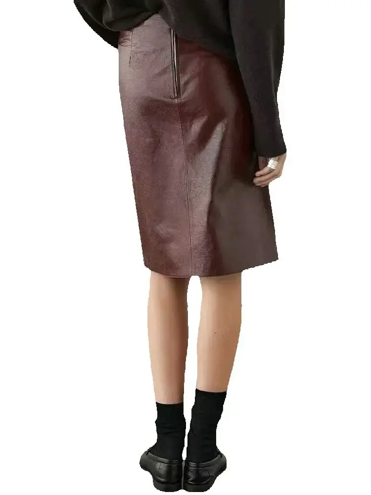 Women Spring Autumn Elegant Wine Red Faux Leather Skirt Office Lady Vintage High Waist Luxury PU A-line Lining Skirts Streetwear