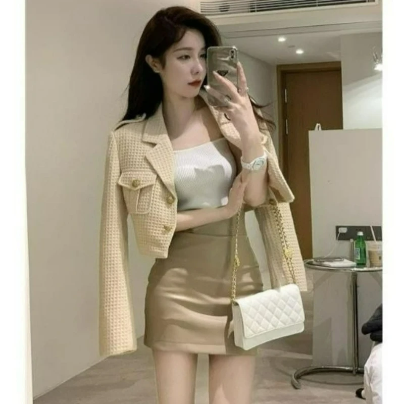 

Весна/осень 2026, новый простой костюм с длинными рукавами в корейском стиле, куртка-кардиган, облегающая юбка, комплект из двух предметов для женщин