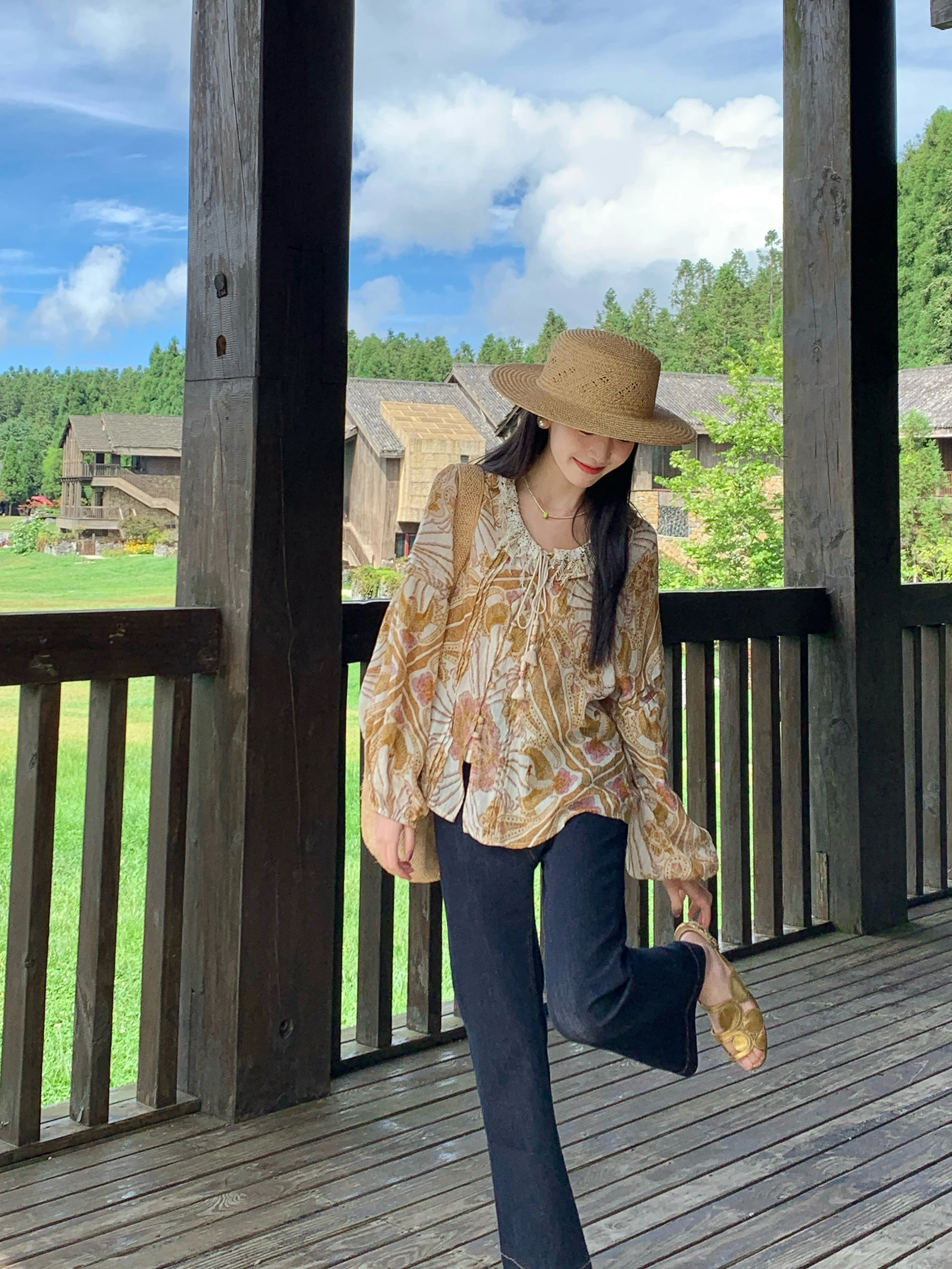 

Романтическая женская блузка с принтом из льна, осенняя коллекция, легкая, дышащая, универсальная, приятная к телу, с длинными рукавами