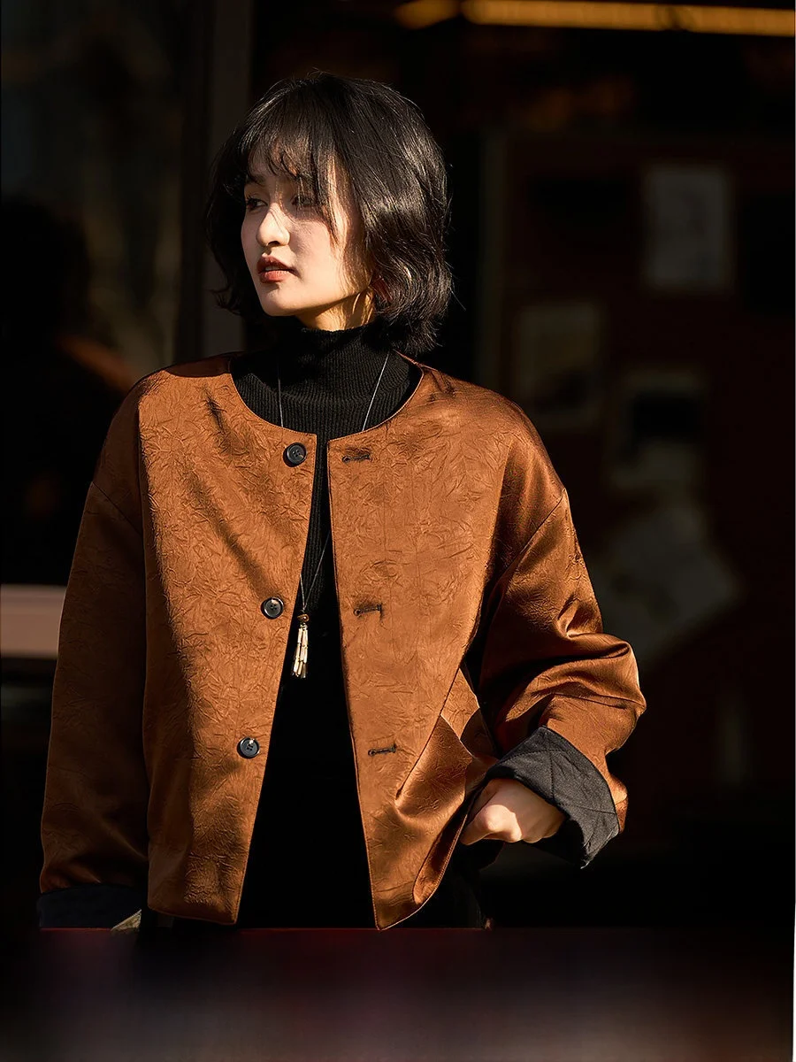 

Ele Double-Sided Wear Cotton Jaet round Ne Single Button Chinese Sle Floral Embroidery Women's Faion Autumn Winte...