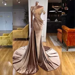 Brown Velvet High Neck Evening Dresses Long Sleeveless Appliques Beading Split Mermaid Chapel Train Special Event Prom Gowns