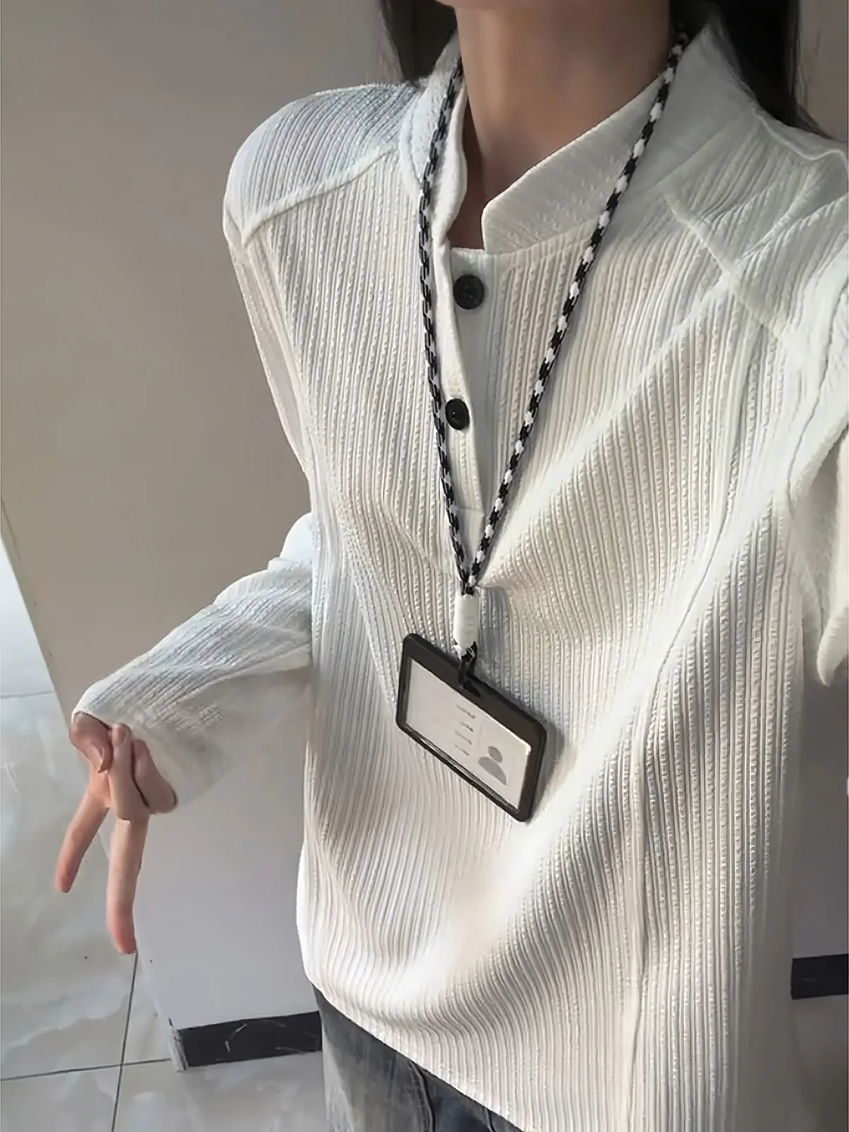 Cleanfit White Deconstructed Henry Collar Long Sleeve T-Shirt Unisex Loose Texture Inner Wear Casual Style Standard Fit