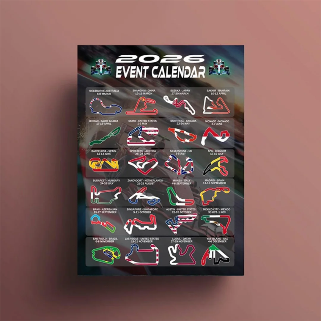 Regalos y tentaciones 2026 Calendario de eventos de carreras de fórmula Diseño de seguimiento de carteles con banderas nacionales, impresión artística de pared