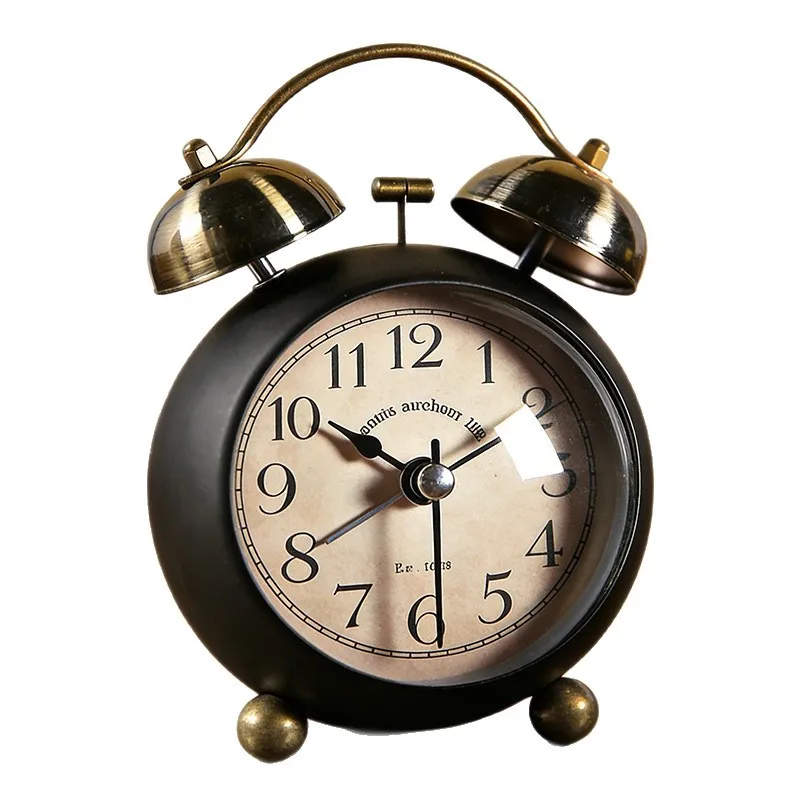 European-style vintage alarm clock with loud volume, tabletop display, night light, and silent mode.