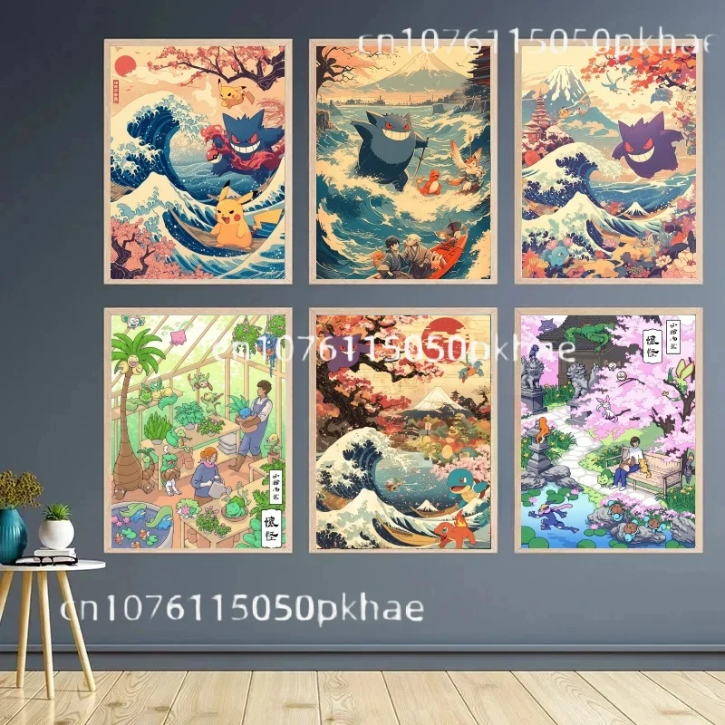 Pokemon ukiyo-e figuras de Anime Pikachu Squirtle Gengar lienzo pintura Anime arte de pared impresiones decoración para sala de estar carteles niños