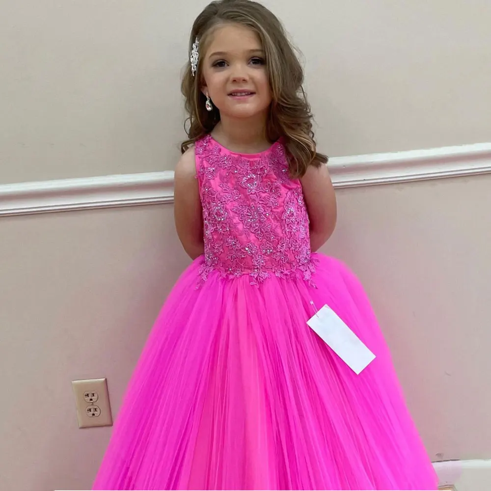 Precioso vestido de niña de flores rosa para bodas, vestido de fiesta para niños pequeños 2023, hermoso vestido de princesa con Apliques de encaje, dulce 15