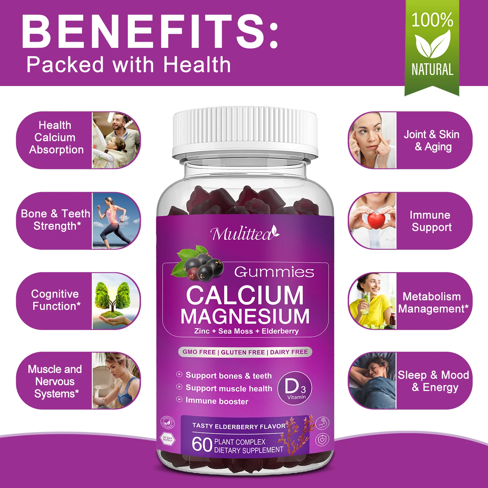 Calcium Magnesium Zinc Gummies High Absorption Magnesium Glycinate 200mg Contains D3 and Sea Moss for Bone, Muscle, Calming Mood