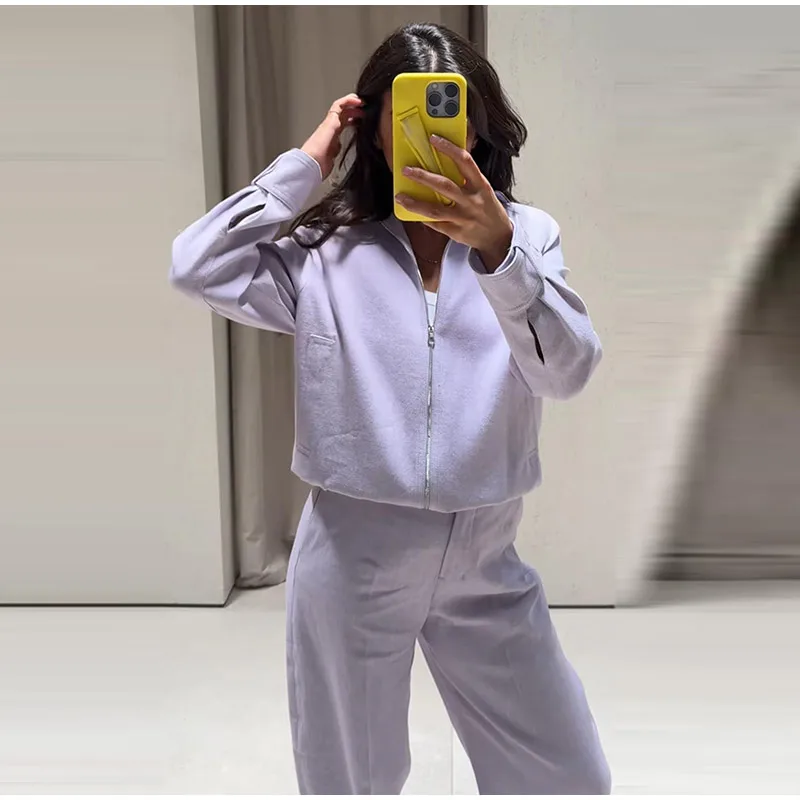 Damen-Hosenanzüge mit Rollkragen-Langarmjacken, Reißverschluss-Mänteln, Midi-Ballonhosen, Herbst-Outfits für Frauen, Einfarbig und Locker Geschnitten, Neu – Detail 2