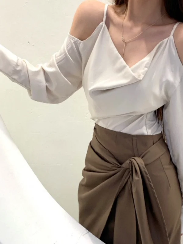 

Женская блузка Pure Desire с открытыми плечами, атласная, в корейском стиле, с длинным рукавом, стандартной длины, модная, весенняя новинка