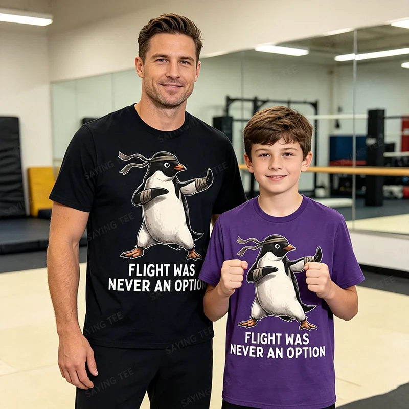Fliegen war nie eine Option Pinguin Taekwondo Kampfsport T-Shirt Y2k Jiu Jitsu, Kung Fu Grafik-Bekleidung Humor Weiches Baumwoll-T-Shirt – Detail 3