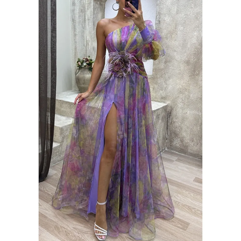 2024 New Party Mesh Diagonal Shoulder Dress Casual Fashion Printed Diagonal Collar Long Sleeve Hooded Flower Dress for Women