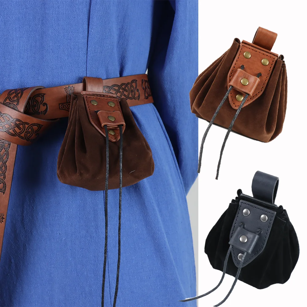 

Medieval Faux Leather Drawstring Pouch Retro Nordic Portable Coin Purse Vintage Belt Pouch Dice Bag For LARP Ren Faire Accessori