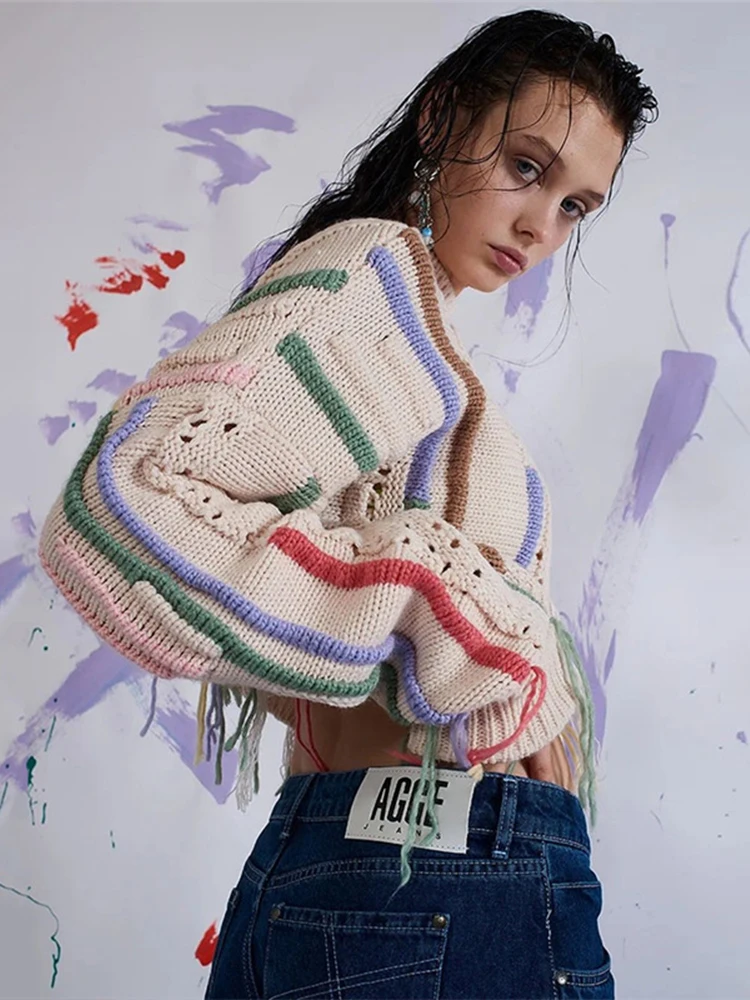 

Y2K Cropped Sweaters Women Autumn Winter Casual Loose Knitted Pullover Simple Patchwork Colorful Tassel Jumper Female Streetwear